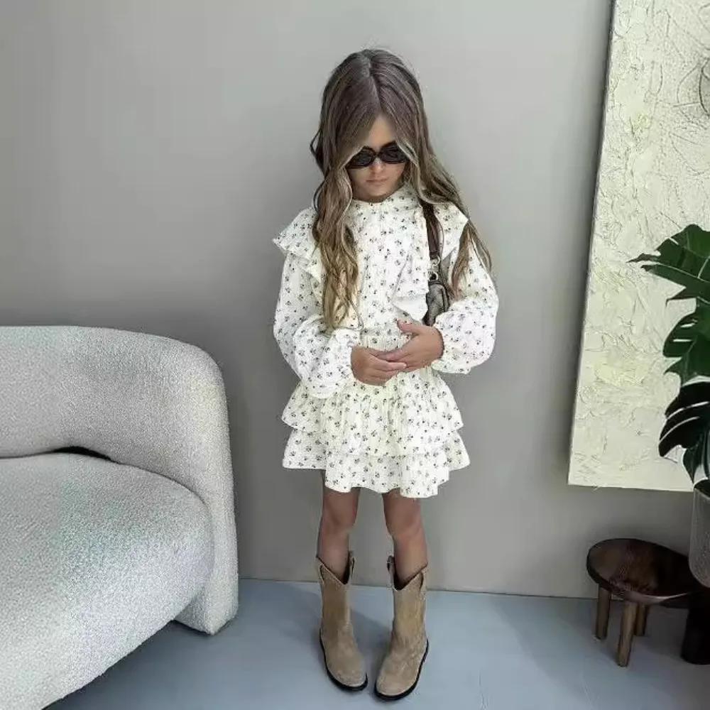 Children Clothing Girl's Dress Autumn Floral Lace Shirt+Cake Skirt Two-piece Set