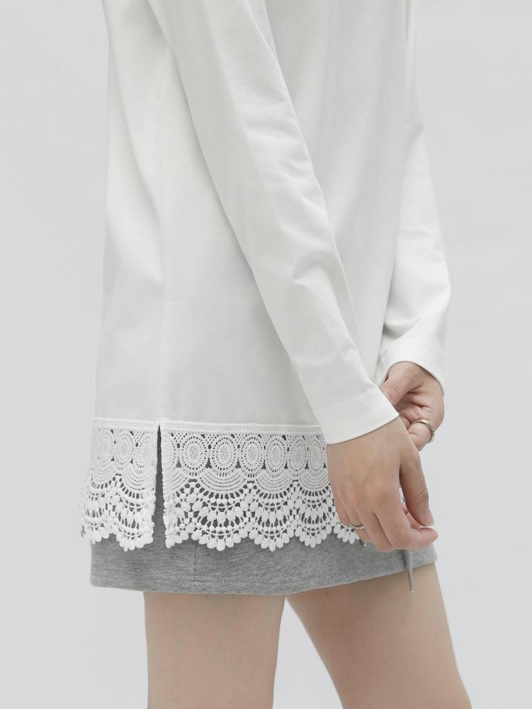 Women's Long Sleeve Lace Hem T-Shirt with Half-High Collar - Loose, Slimming Mid-Length Base Layer