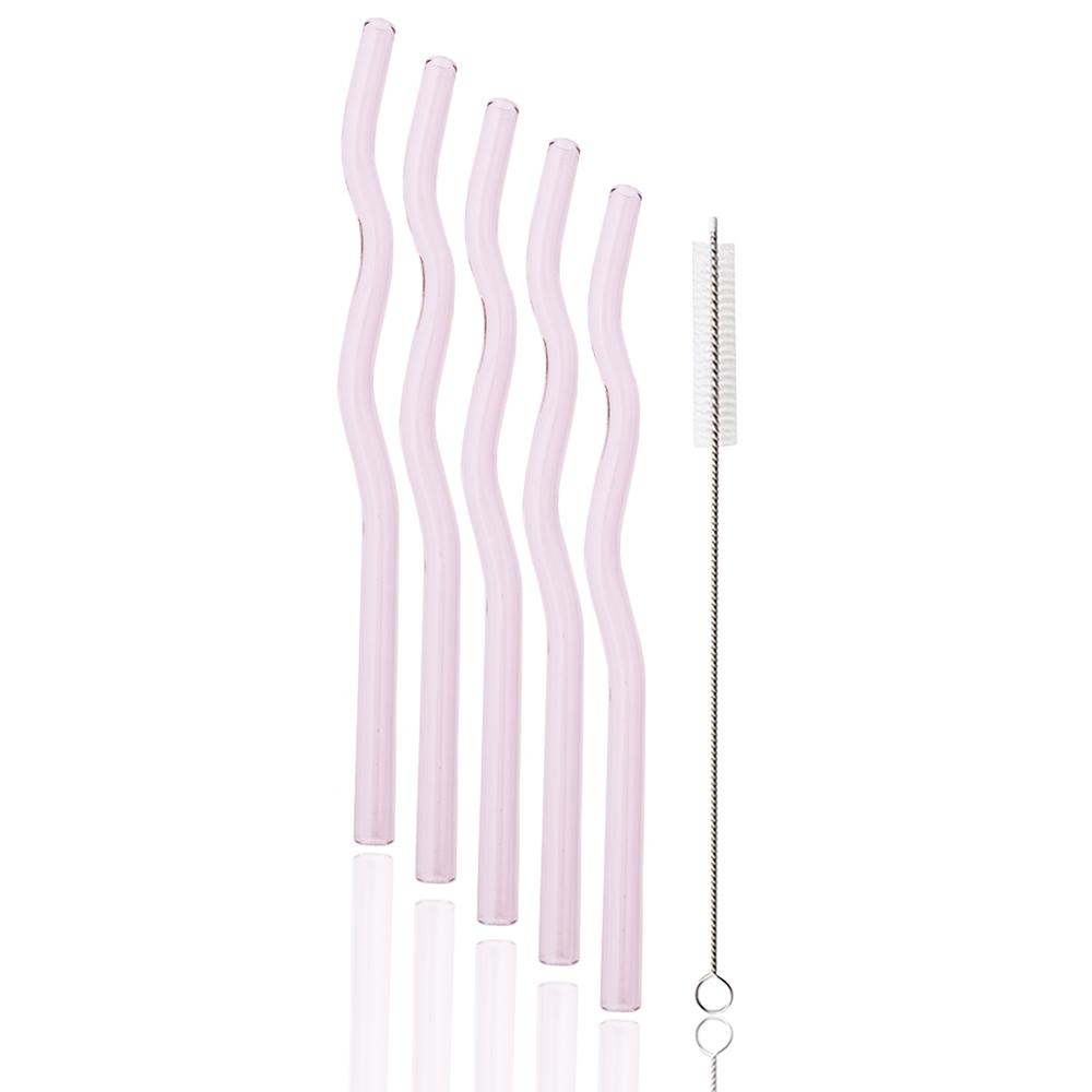 6Pcs 200*8mm Glass Straws Wavy Pink Drinking Straw Set with Brush High Borosilicate Glass Straw Kitchen Party Bar Drinkware