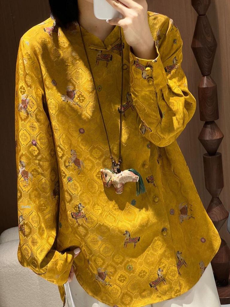Golden Saddle Embroidered Stand Collar Shirt with Frog Button - New Chinese Style Long Sleeve Top (2026 Design)