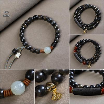 Bracciale con Perle Buddiste in Legno di Agarso Chen Gui Bao - Design a Giro Singolo/Doppio per Uomo e Donna