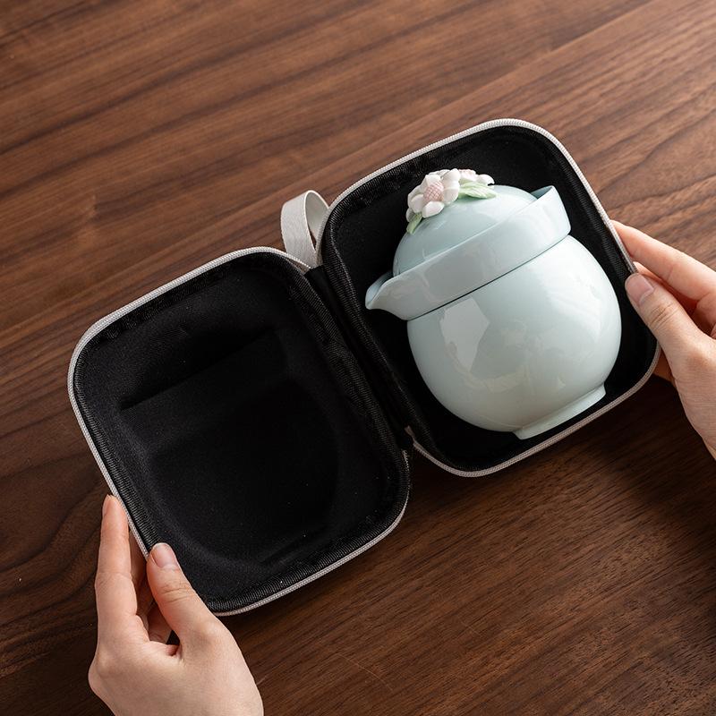 Pink travel camping outdoor portable storage bag kung fu tea set women's handmade pinched flower souvenir