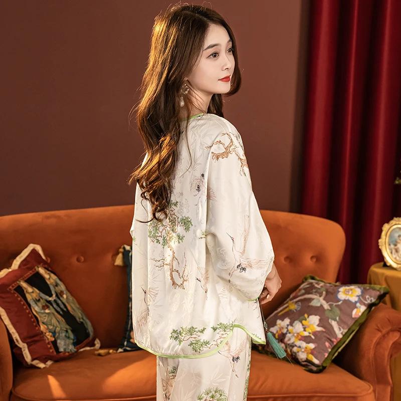 Da Vinci password pajamas women's pullover new Chinese style ice and snow silk seven-quarter sleeve silk loungewear set imitation silk