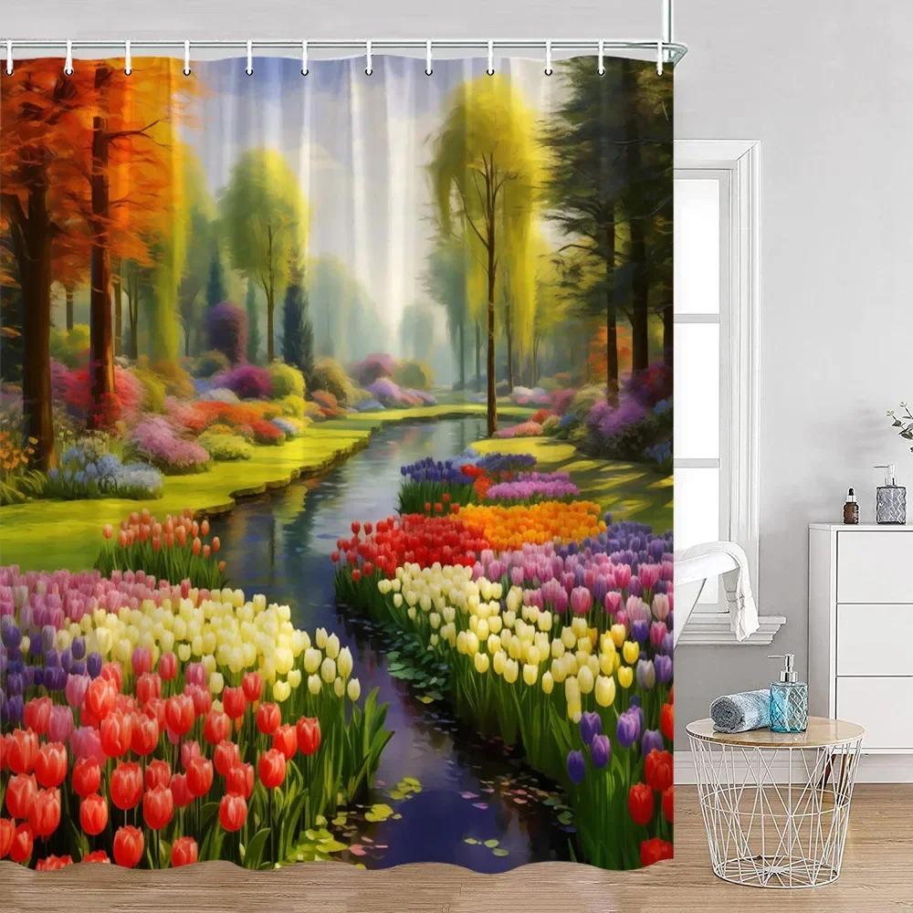 Colorful Flowers Green Plants Shower Curtain Trees Spring Landscape River Tulip Bathroom Curtain Polyester Bathroom Decoration