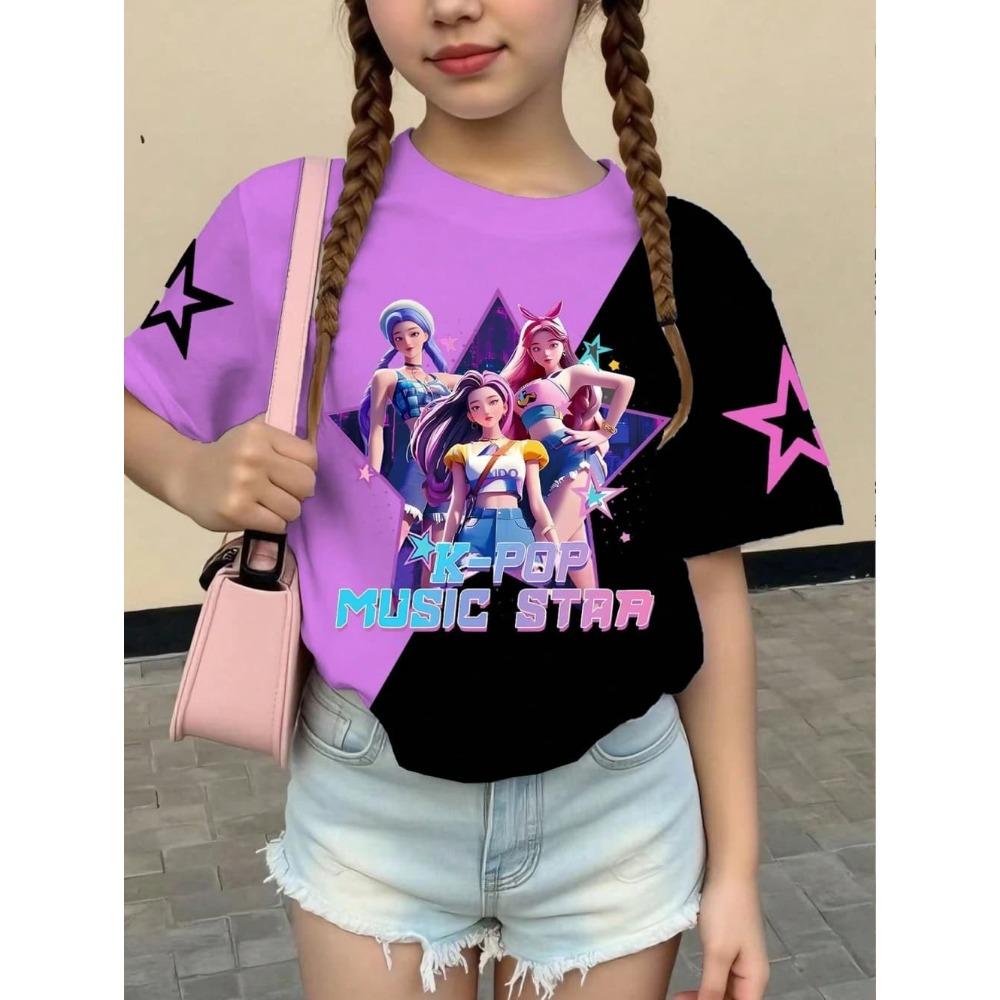 Kpop Style Short-Sleeve T-Shirts for Girls Funny Gift for Kids Summer Short Sleeve Tops Casual Round-Neck Outdoor Girls Clothes