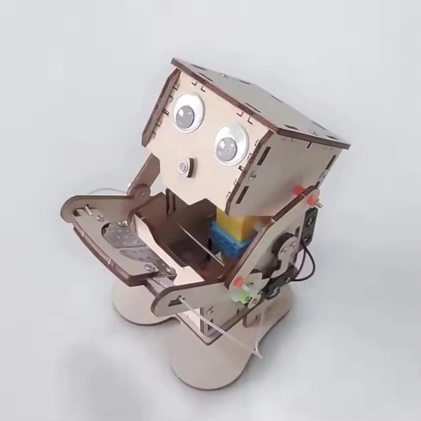 Diy Coin Swallowing Robot Coin Eating Robot Model Steam Kit Children'S Science Experiment Education Toy Wooden Assembly