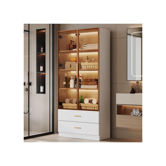 Armoire de salle de bains, moyenne, avec bandeau lumineux, largeur 75 cm, avec 2 grands tiroirs et 2 portes, porte vitrée