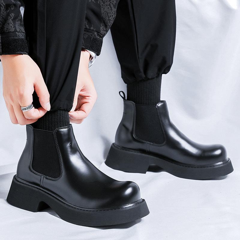 Chelsea boots 2024 men's new thick heel versatile elastic mouth short boots flat bottom round head cigarette boots 3166-Y