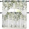 Kitchen Curtains Sets 24 Inch Length with Valance, Abstract Art Blue Leaves Branches Swag Valances for Windows and Tiers Curtain Set, Light Filtering