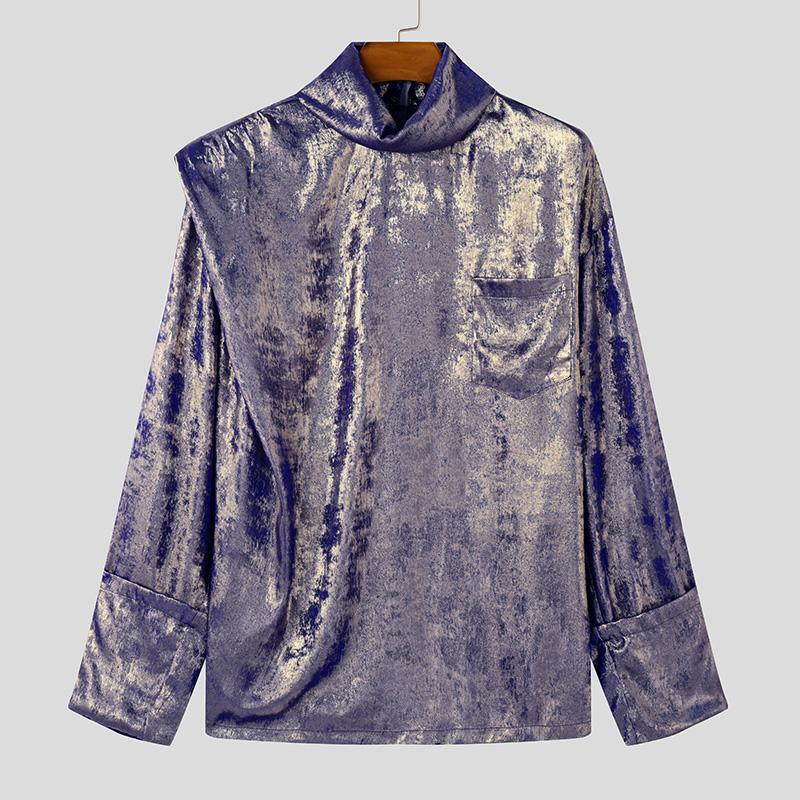 

INCERUN свободные мужские топы с высоким воротом и длинным рукавом с блестками повседневные футболки 5XL синий