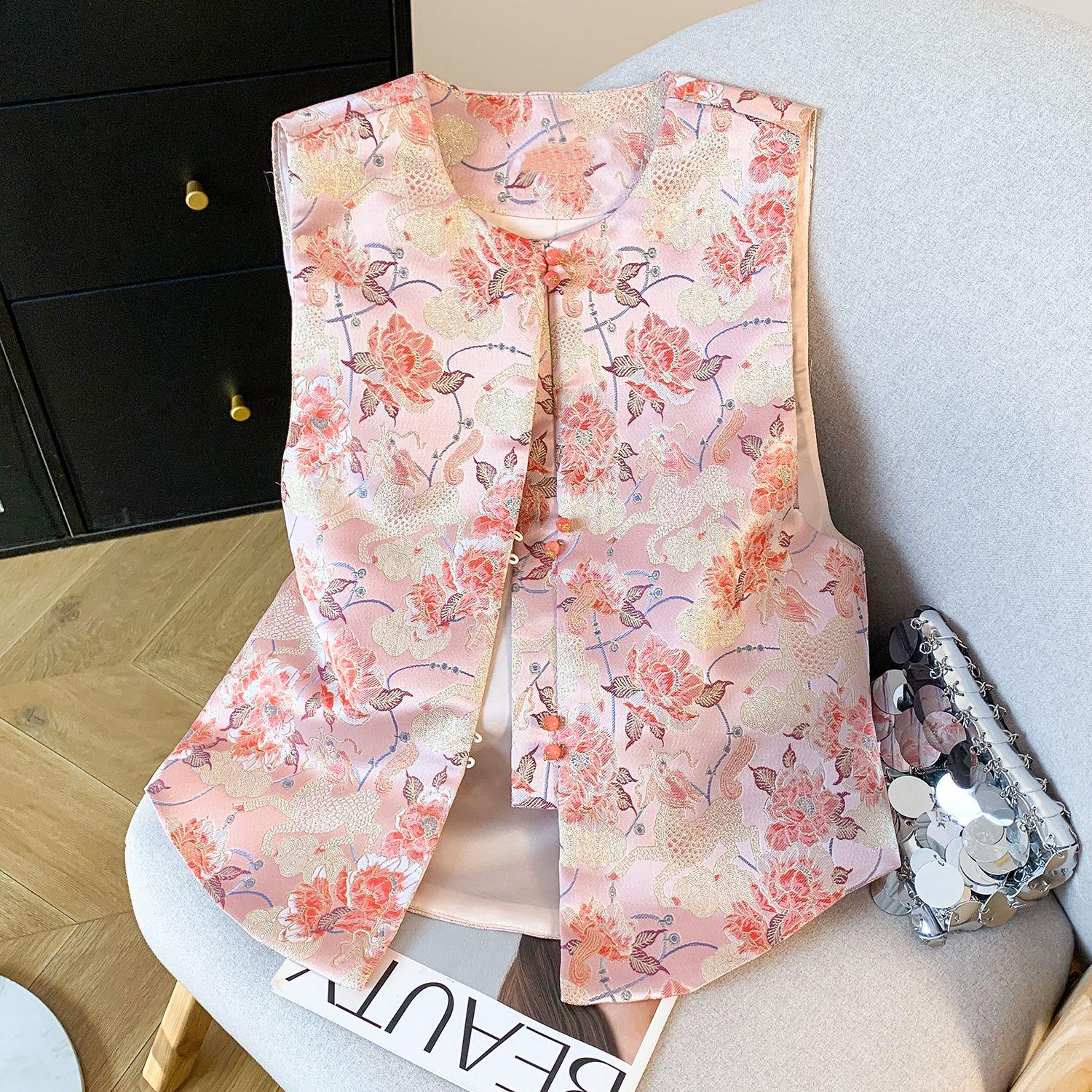 

Elegant Retro Chinese Jacquard Embroidery Sleeveless Cardigan for Women L