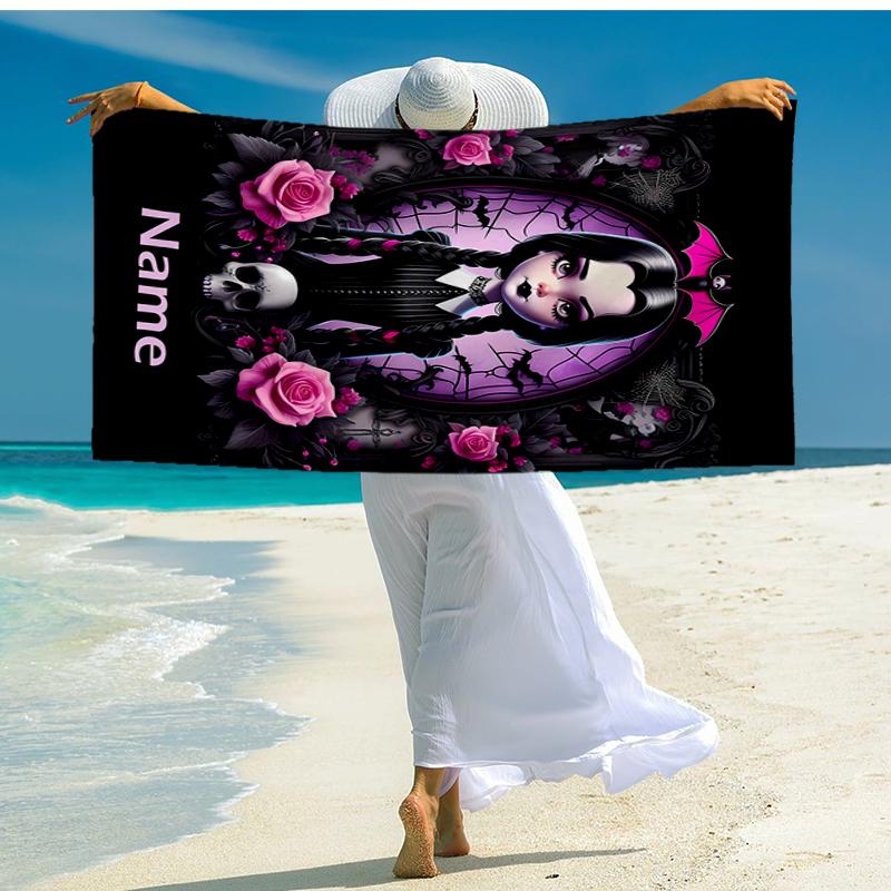 Custom Name Ultra-Soft Beach Towel with Wednesday Theme,Ideal for Pool - Camping, Diving - Perfect Travel Essential, Vibrant Beach Towel.