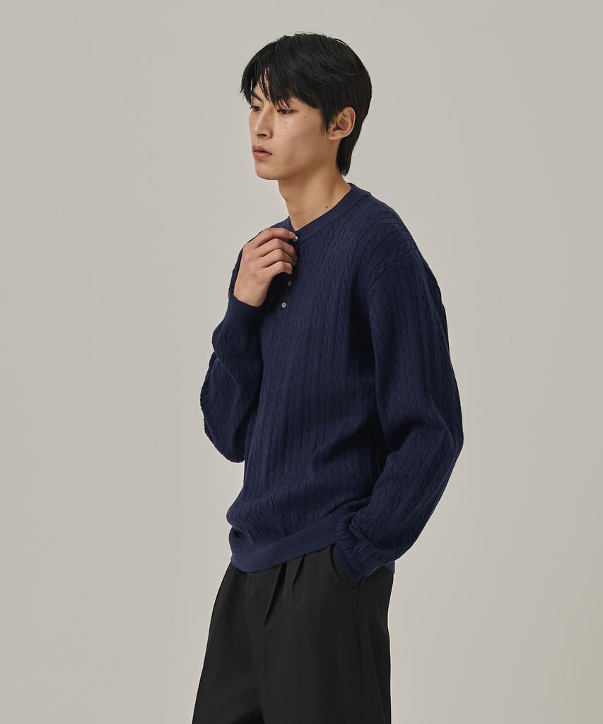 ANALOG MOOD Washable Cable Henley Neck Knit T-Shirt (Navy)