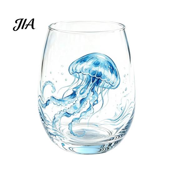 Durable Thick Base Glass Cups Stemless Wine Glasses with Marine Animal Pattern, 420ml Capacity, High Borosilicate Decorative Aesthetic Water Tumblers