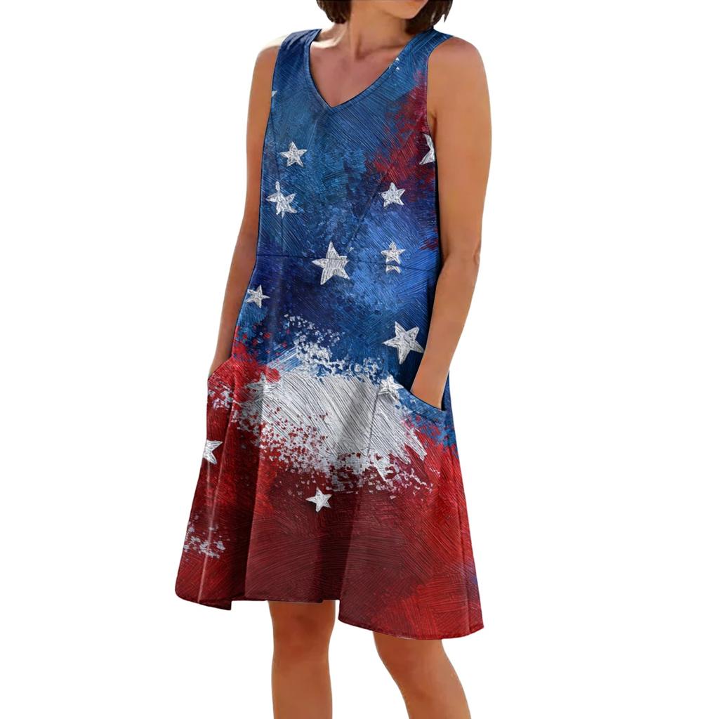 Summer Dresses For Women Loose Beach Vacation Casual Sleeveless V-neck  Sundresses With Pockets Tank Dress