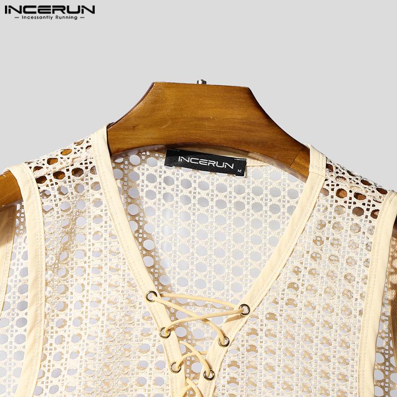 INCERUN Men Sleeveless Lace-up Bandage Hollow Out Casual Tank Tops