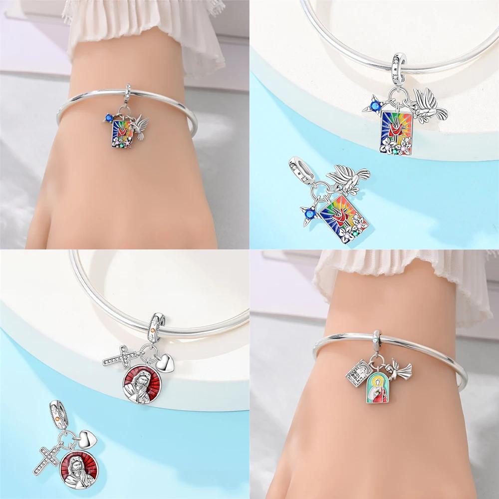 Colored Pendant Cross Dove Original Copper Heart Angel Blue Zircon Beads Fit Bracelet Jewelry Fine Day Gift Women Accessory