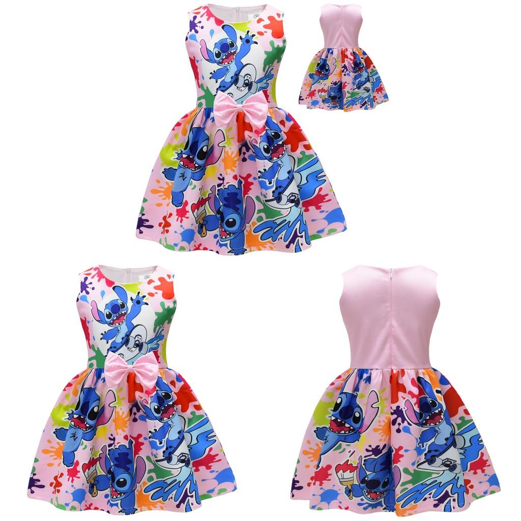 Vestido de Menina Lilo Stitch Com Laço de Borboleta Poliéster Algodão Para Primavera Outono Brincadeiras
