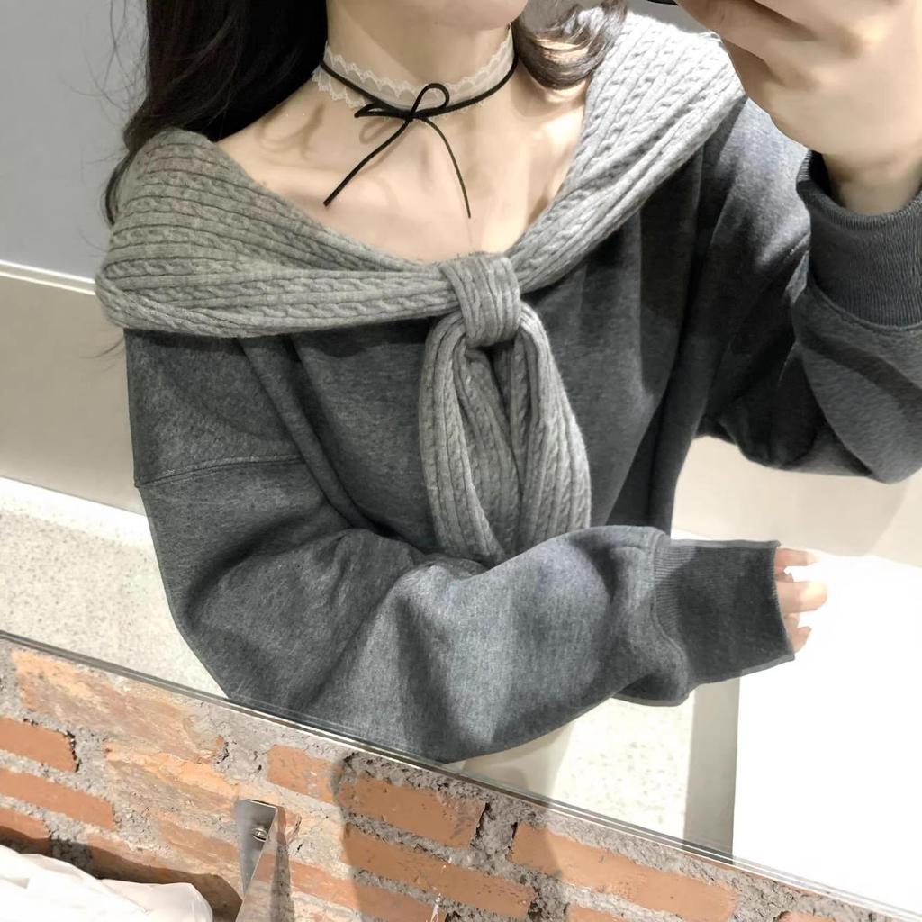 In Stock: Li Ruian Korean-Style Niche Lazy One-Shoulder Bowknot Fleece-Lined Hooded Sweatshirt