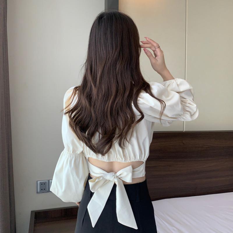 Women's Chic French Square Neck Blouse with Bow Tie - Spring/Autumn 2025