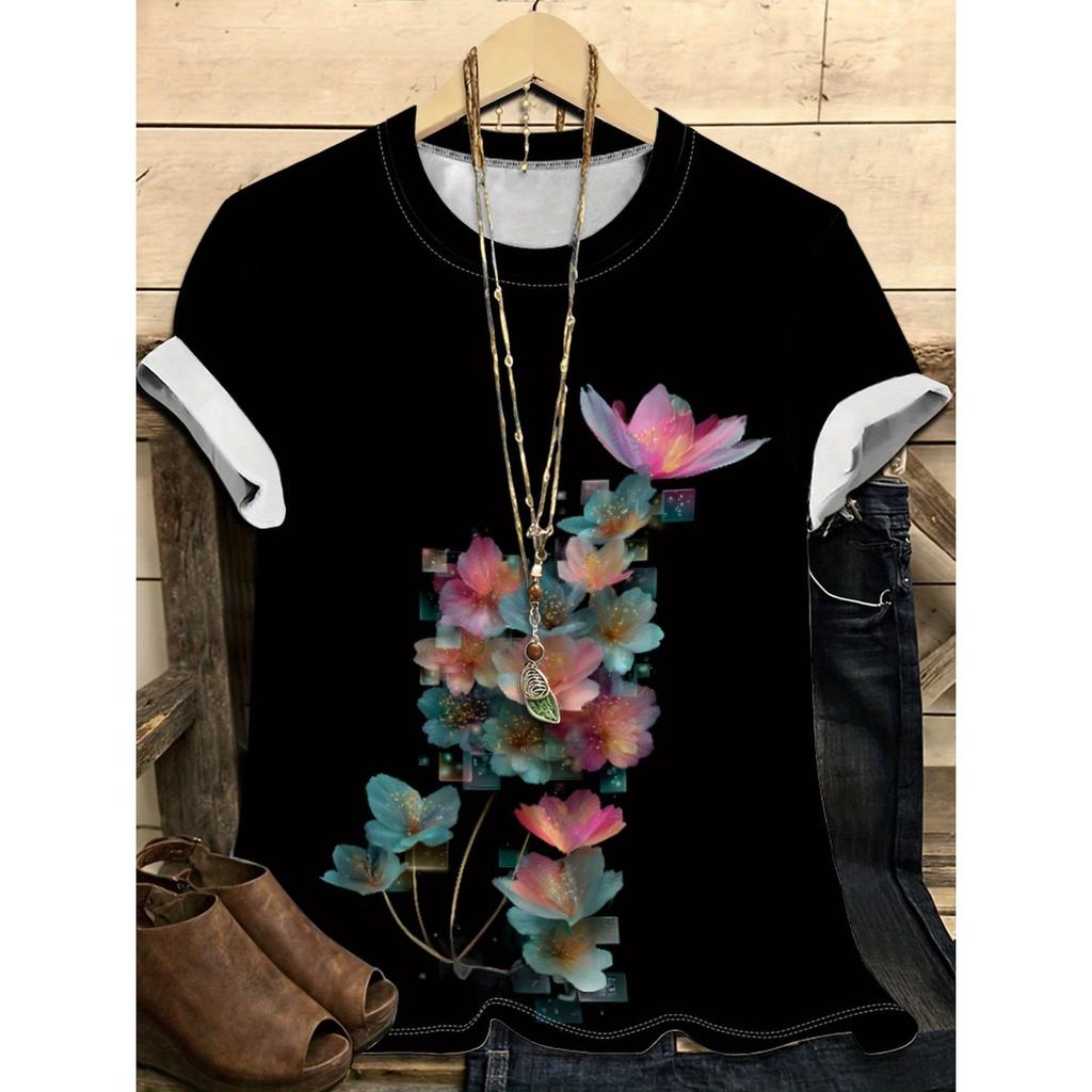 Letní dámské tričko s kulatým výstřihem, květinovým vzorem a 3D potiskem, módní, ležérní, s krátkým rukávem