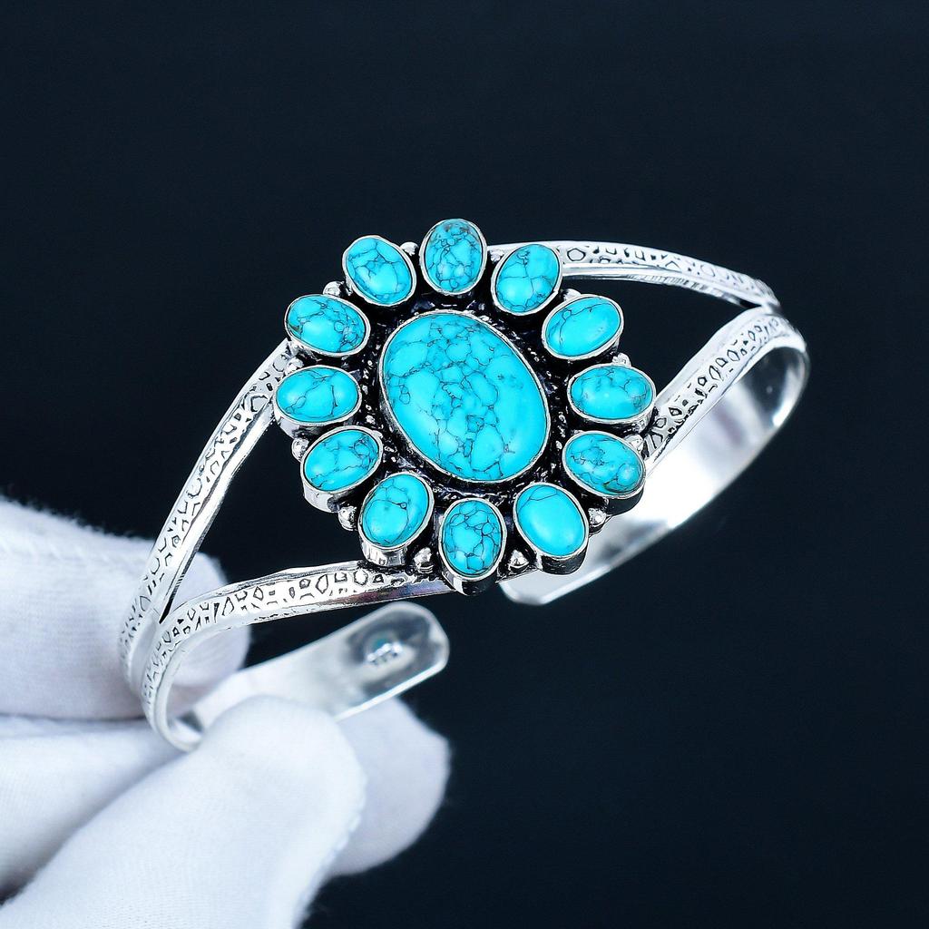 Natural Turquoise Gemstone Handmade Cuff Bangle 925 Sterling Silver Cuff Bangle, Turquoise Flower Shape Bracelet For Wife, Unisex Bangle