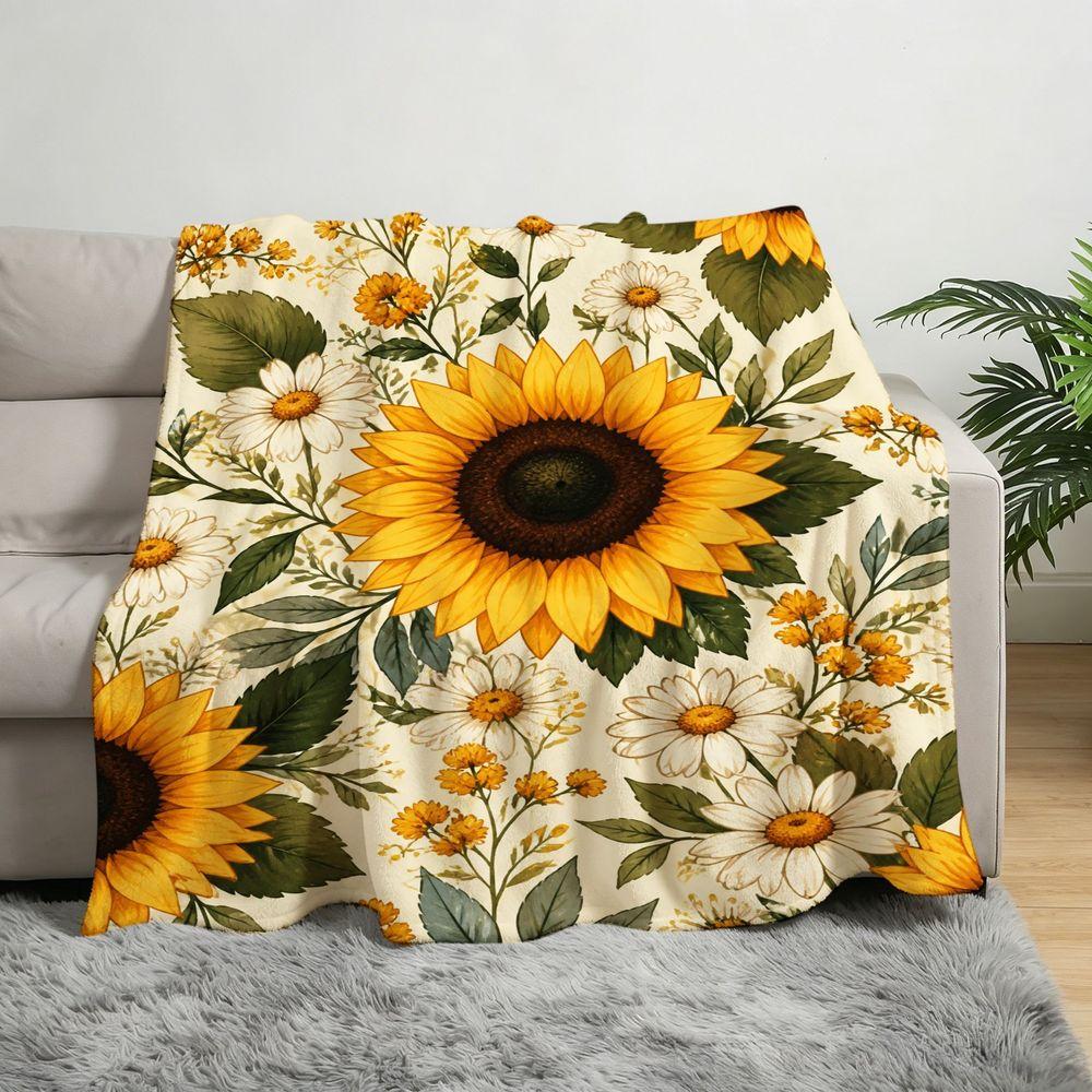 Sunflower Daisy Floral Print Flannel Throw Blanket Super Soft Warm Blanket for Sofa Bed, Botanical Flower Home Decor Gift