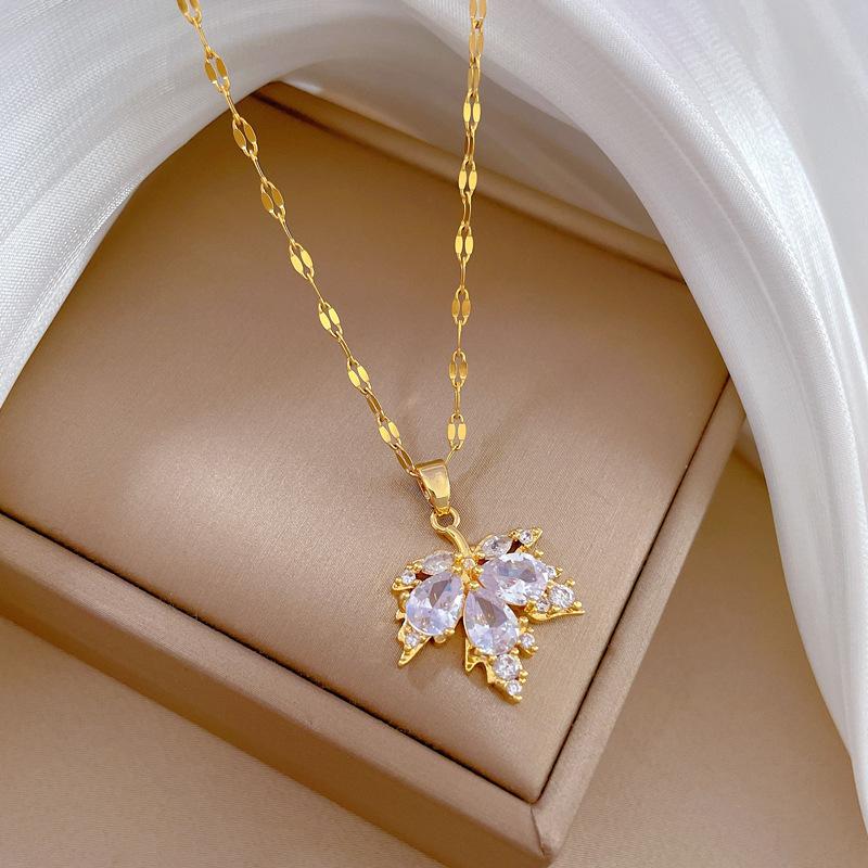 ZAKOL Luxury Shiny AAA Zircon Maple Leaf Engagement Zircon Set Exquisite Titanium Steel Earring Necklace Sets for Women