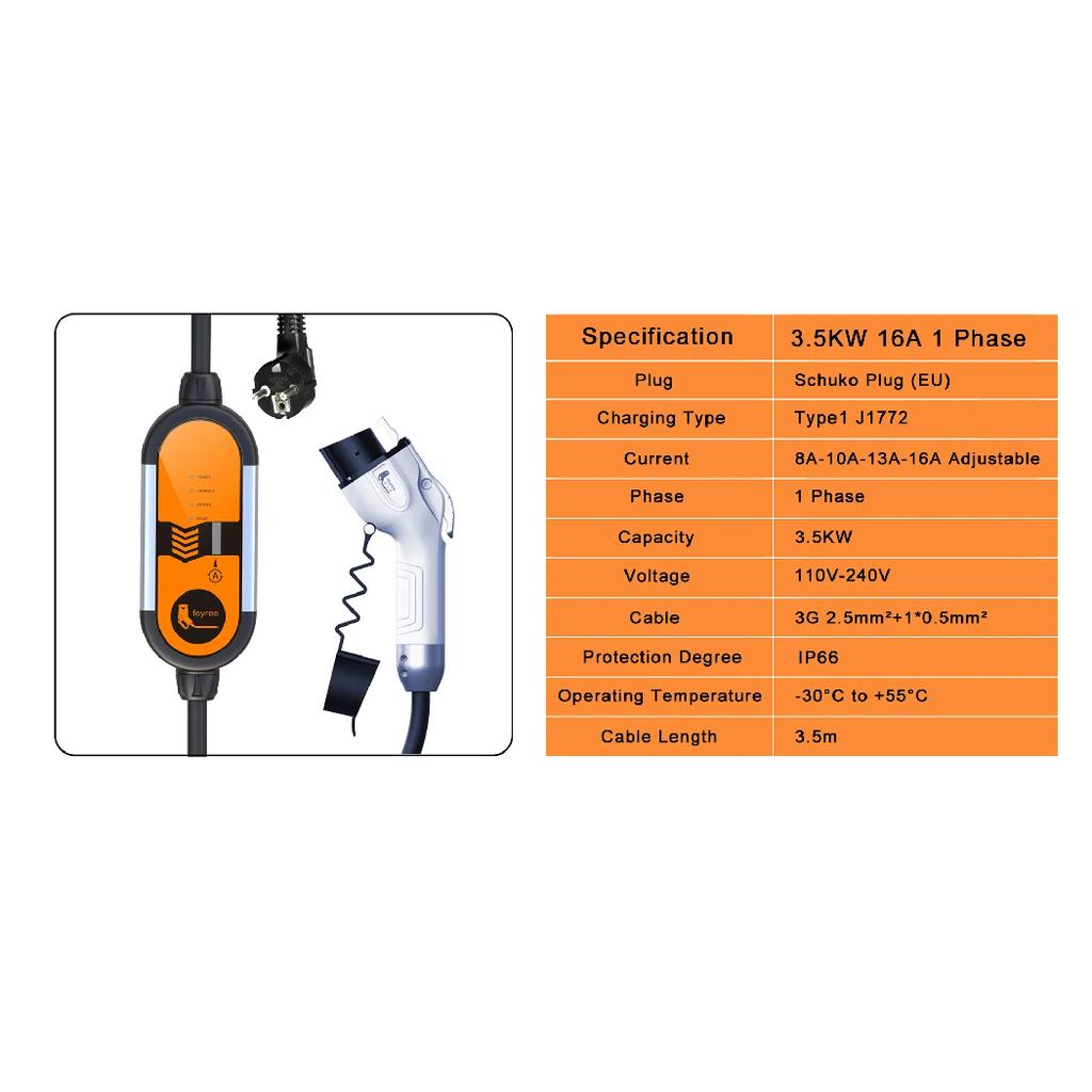 Feyree Portable EV Charger Type2 16A 3.5KW EVSE Charging Cable Type1 SAE J1772 EU Plug Controller Wallbox for Electric Car