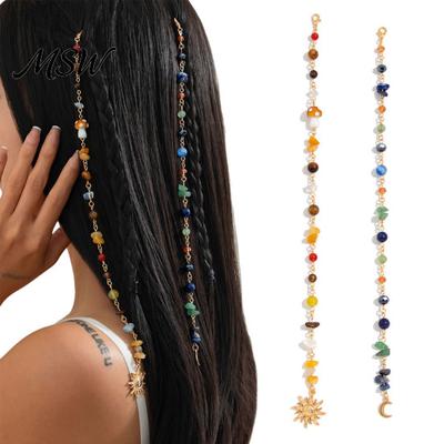 Bohemian Strand Haar Dekor 2 Stück Lange Quaste Geflochtene Kette mit Clips, Farbige Boho Stil Clips Sonne Mond Anhänger, Schmuck Zubehör für Party