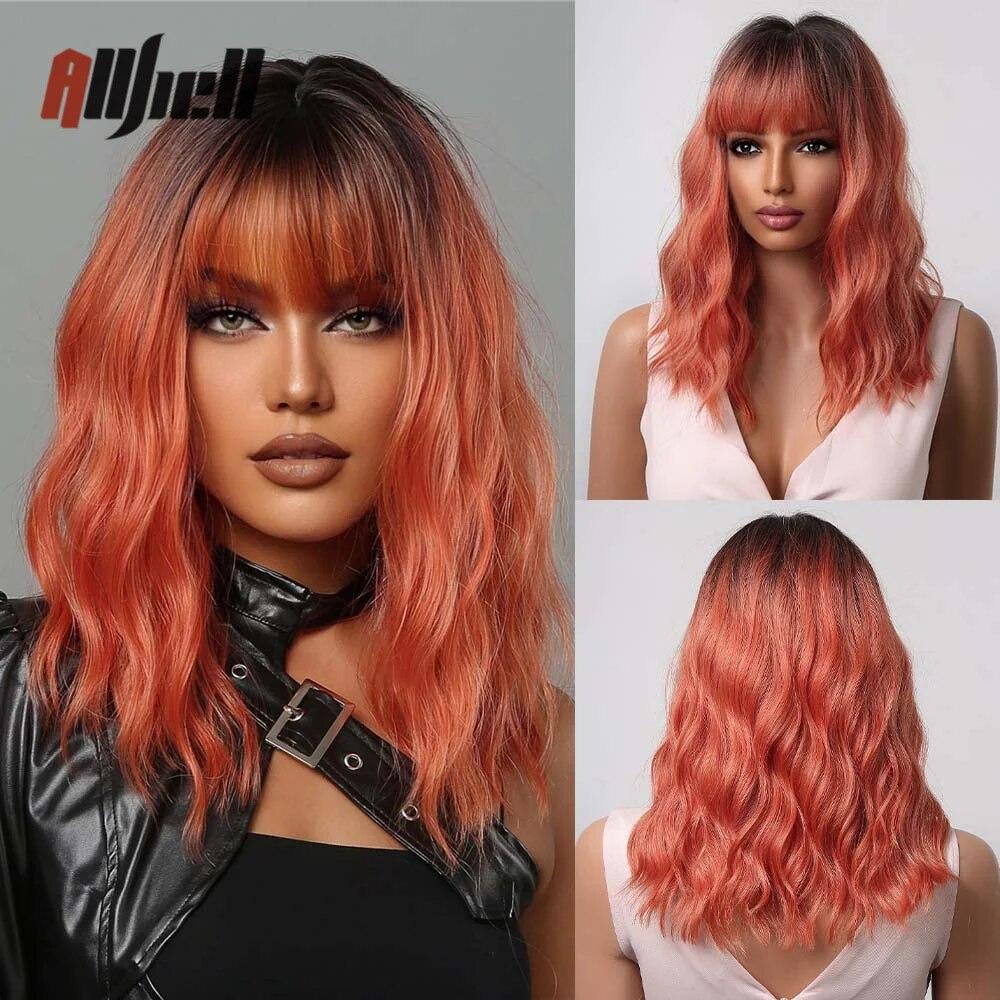 Shoulder Long Copper Ginger Wig Orange Synthetic Water Wave Wigs for Women Heat Resistant Daily Halloween Cosplay Wig with Bangs