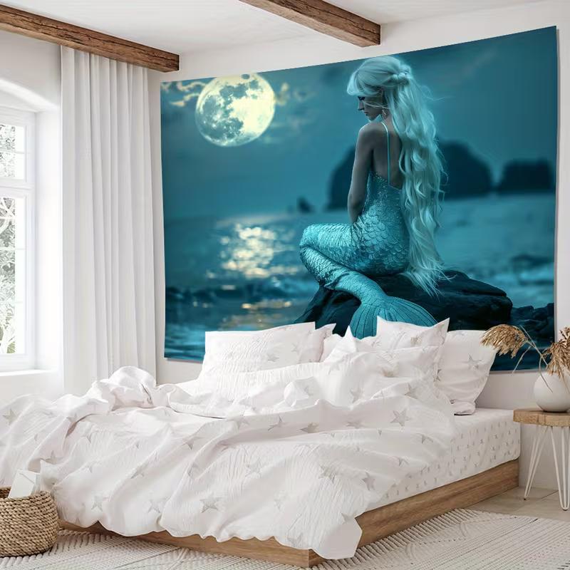 2D Mystical Teal Mermaid Tapestry, Night Beach Wall Art for Living Room