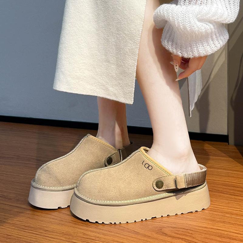 Women's Two-wear Soft Bottom Large Size Thickened Winter Warm Fur One Padded Lining Ankle Boots Non-slip Baotou Cotton Fur Slippers