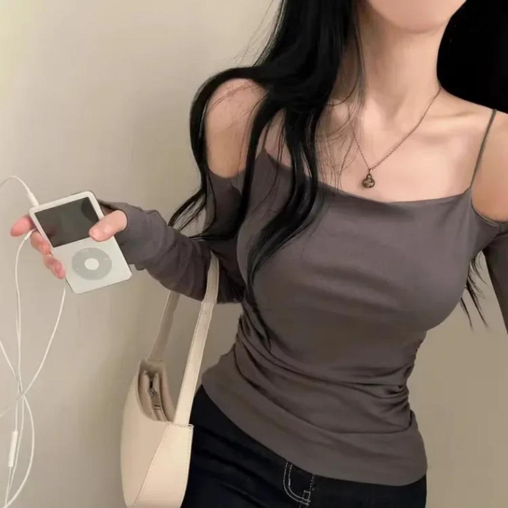 Korea New Style Pure Desire Sexy Off-The-Shoulder Two-Piece Illusionslims Women's Long Sleeve T-Shirt Versatile Smoot