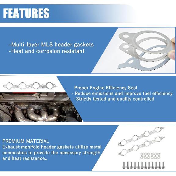Sorello 2 PCS MLS Exhaust Header Manifold Gasket With Bolts Compatible With Cadillac CTS Escalade For Chevy Camaro Silverado GMC Pontiac For LS