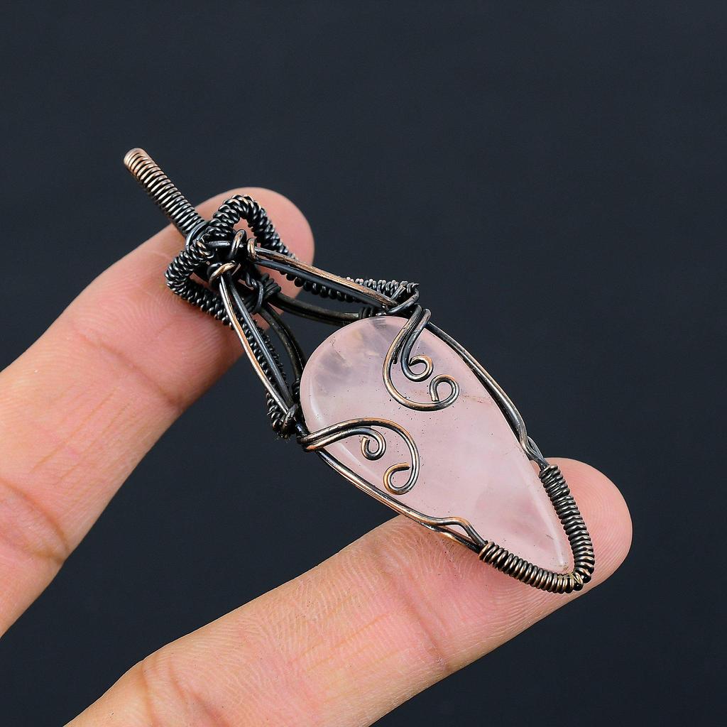 Rose Quartz Gemstone Pure Copper Wire Wrapped Handmade Pendant Jewelry For New Year Gift