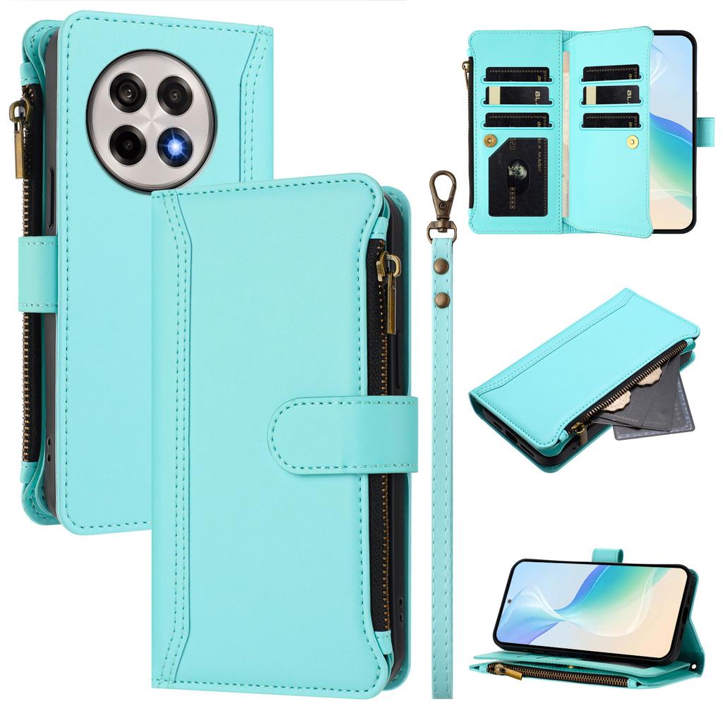 For OnePlus Ace 5 Pro 5G/OnePlus 13R 5G Leather Case 9 Card Slots Zipper Wallet Stand Phone Cover with Wrist Strap