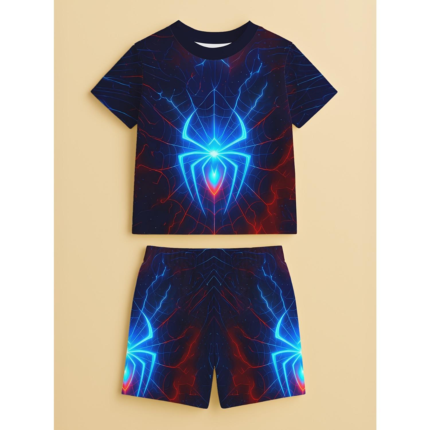 Summer Boys and Girls Same Style Set 3D Printed Spider Pattern Casual Sports Top Pants Set 5-6 Years