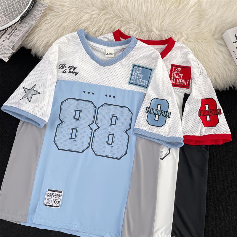 American street loose v-neck football No. 88 jersey women's short-sleeved T-shirt casual oversize versatile top ins