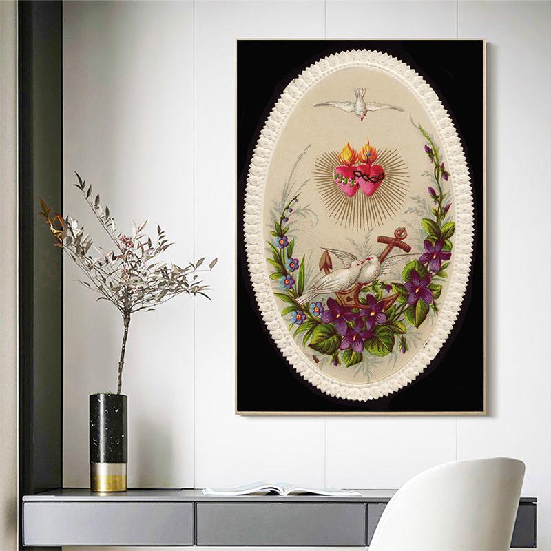 Vintage Sacred Heart of Jesus Poster Abstract Religion Canvas Painting Retro Flower Wall Art Picture For Home Decoration