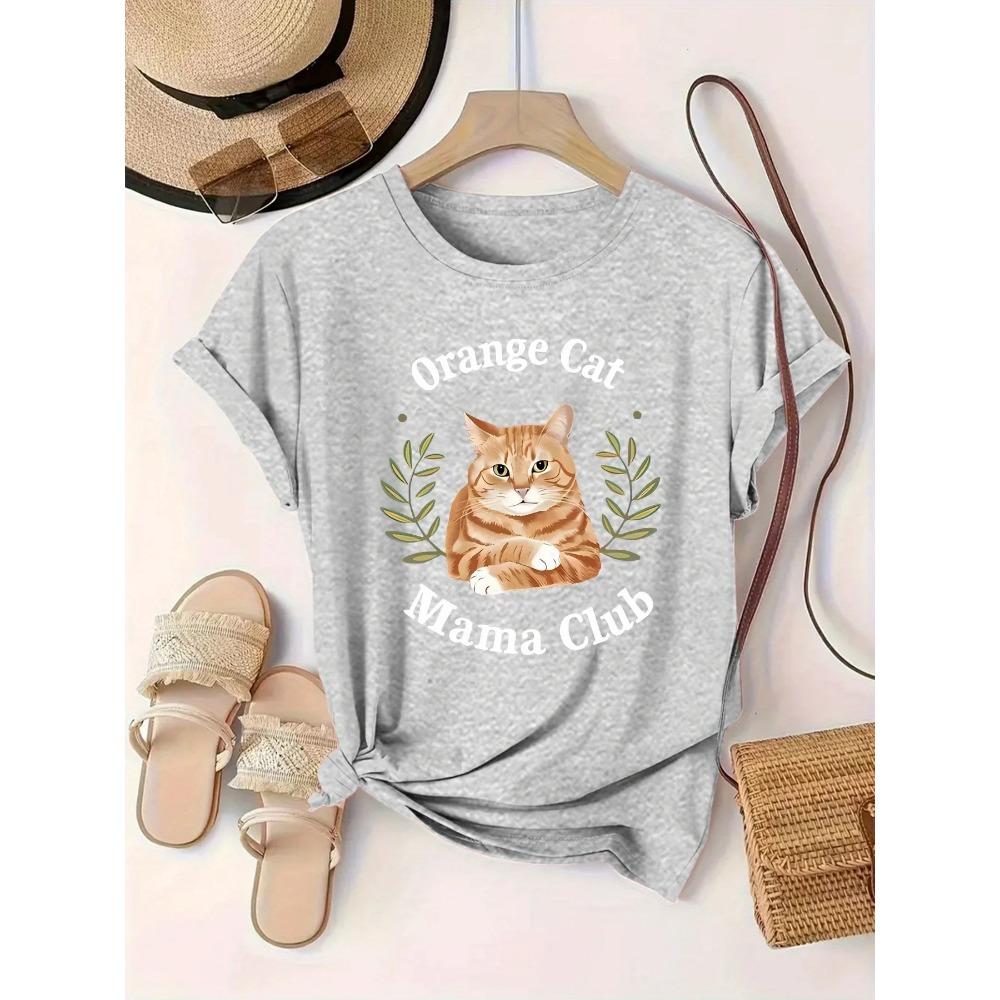 Cute Orange Tabby Cat Club Printed Summer T-shirt Top for Women Round Neck Short Sleeved Comfortable Casual Women's Clothing