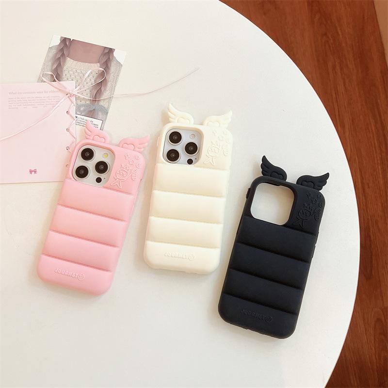 Kawaii 3D Angels Wings Bear Rabbit Cat Ears Solid Color Phone Case for iPhone 17 16 15 14 13 Pro Max Plus Soft Silicone Shockproof Protective Cover
