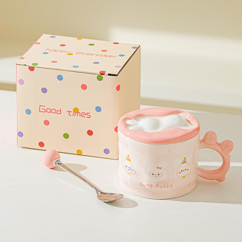 Little Rabbit Cartoon Lid Ceramic Cup Girls High Temperature Resistant Mug Cute Creative Water Cup Office Small Gift Cup