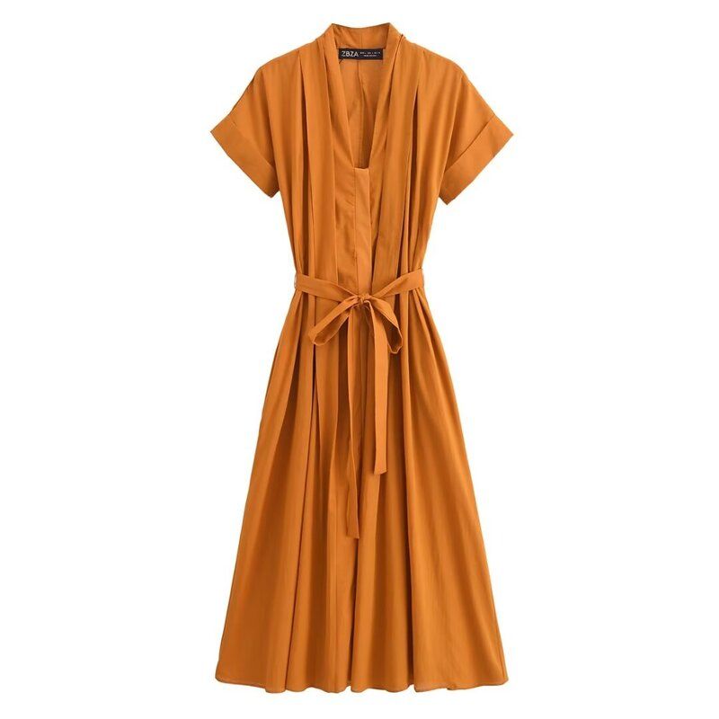 Western Style 2024 Summer New Women Clothes Elegant Drawstring Cotton Shirt Jumpsuit Long Dress 2183246