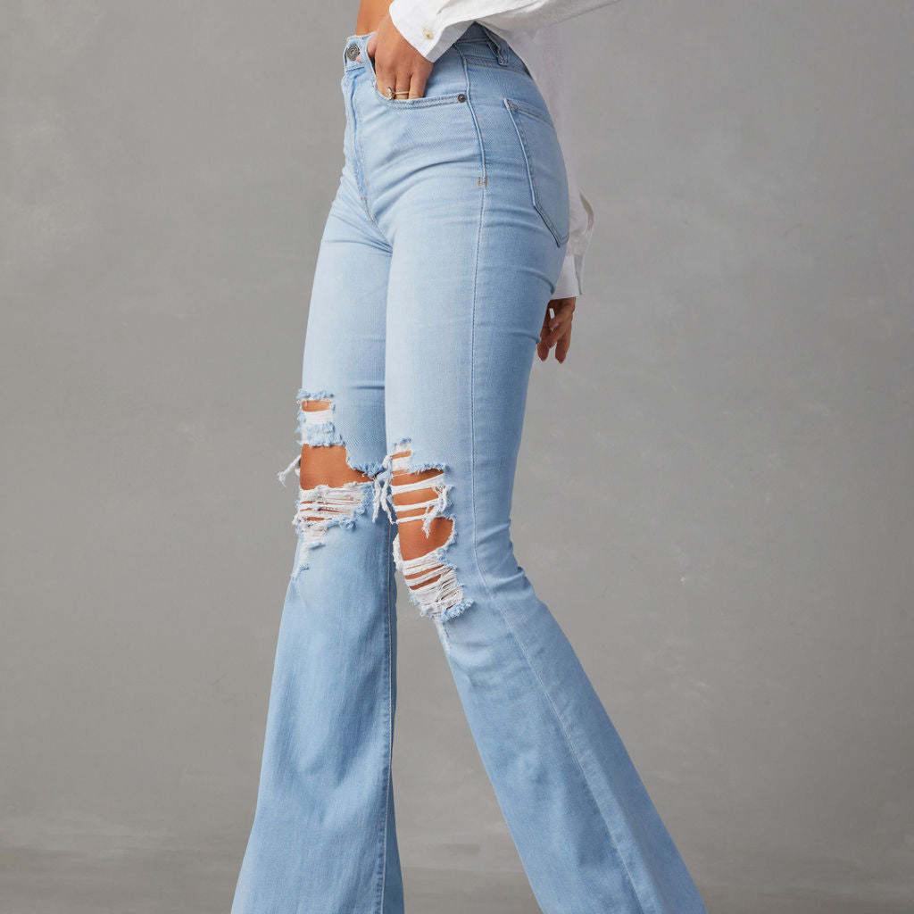 Nowe damskie dżinsy z wysokim stanem i dziurami, spodnie rozszerzane w stylu Spice Girls, spodnie damskie