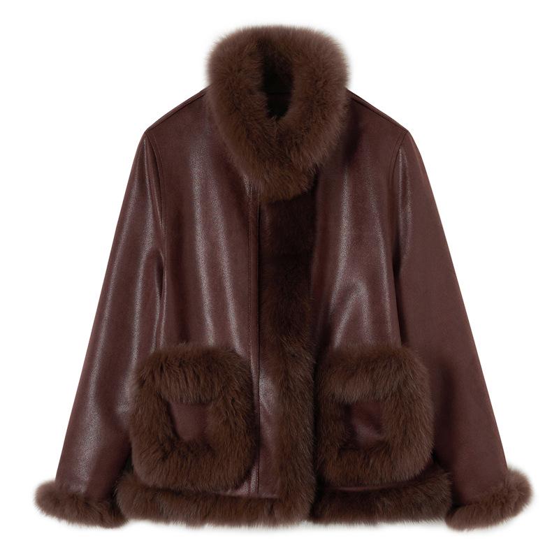 Winter 2024 Women's Young Style Fox Fur Motorcycle Suede Down Jacket YJ6896