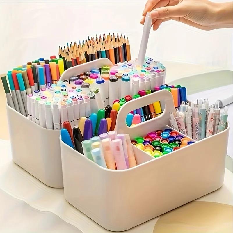 1 pièce Panier de rangement tout-en-un avec poignée, Organisateur portable facile pour crayons et stylos, Boîte à fournitures avec 5 compartiments