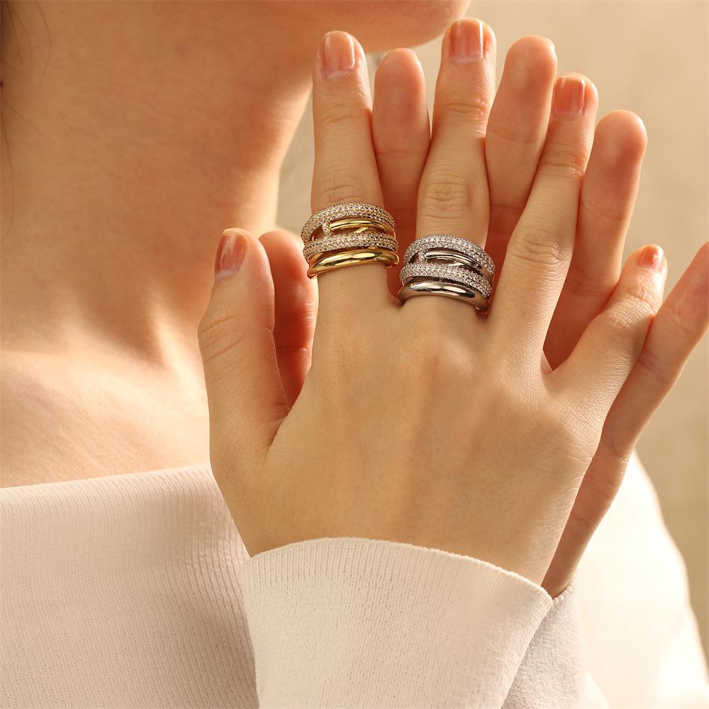 18K Gold-Plated Zircon Crossover Wide Band Ring for Women - Elegant European & American Design with Adjustable Open Finger Style.