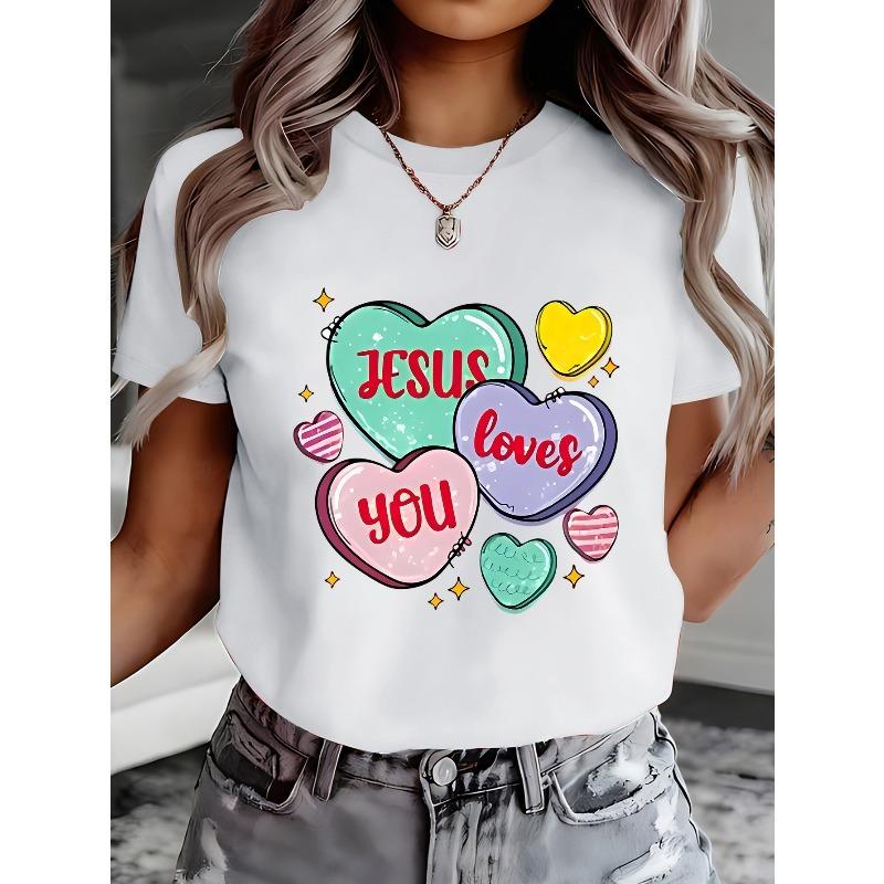 European size Loves You | Sweet Candy Hearts Printed Casual Short-Sleeve T-Shirt for Women, Comfortable Top for Spring/Summer