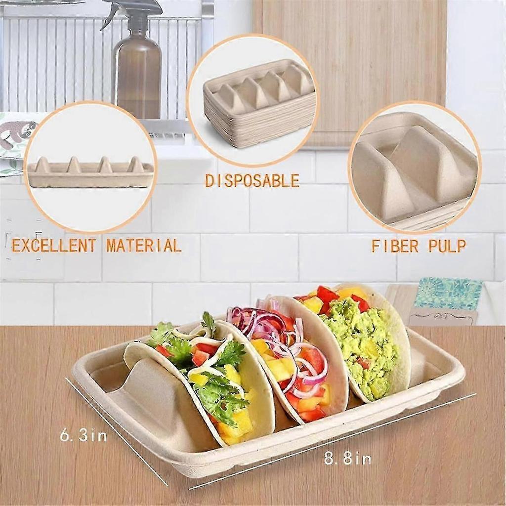 Biodegradable Compostable Taco Trays 50-Pack, 3-Compartment Disposable Tableware for Party Supplies, Made from Sugarcane Fiber